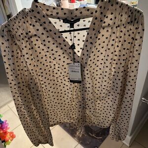 Adrianna Papell Black and Cream V-Neck Cuffed Sleeve Blouse